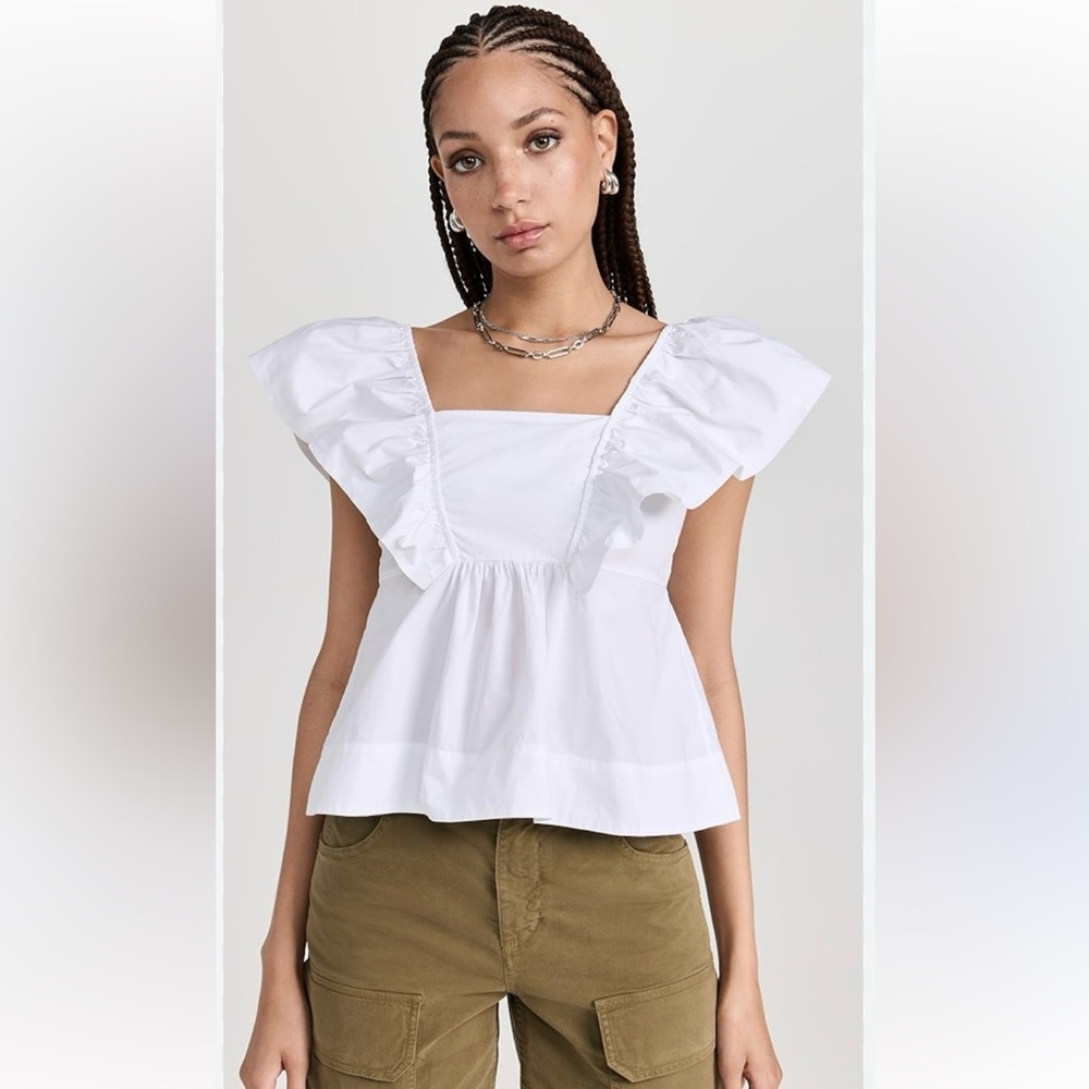 Ganni White Ruffle Sleeve Top